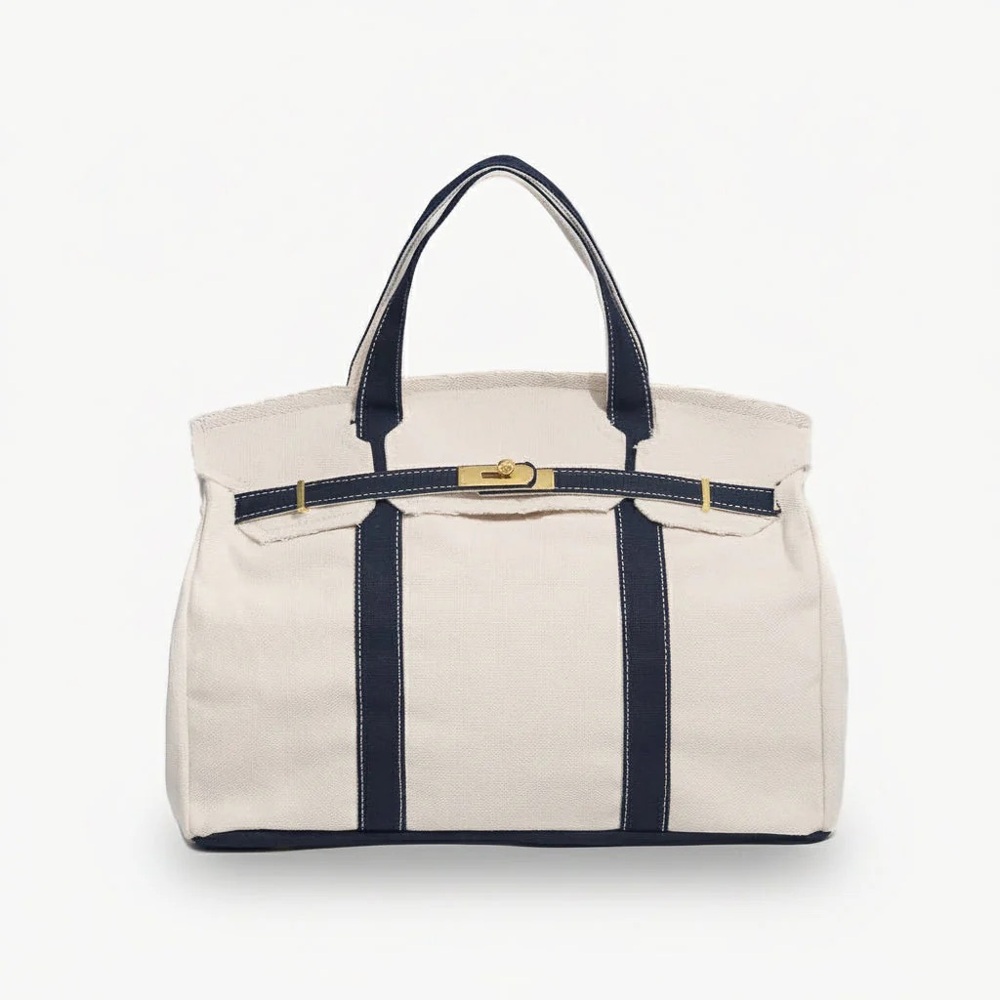 Cream and Navy Blue Canvas Tote Bag Boatkin